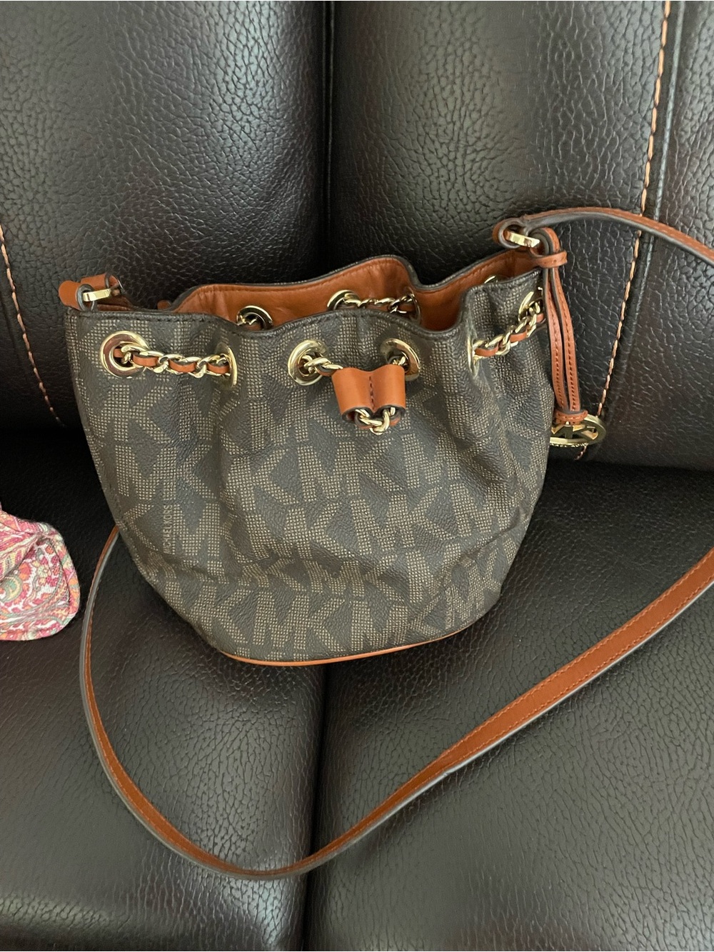Michael Kors Brown Monogram Drawstring Satchel with Gold Hardware